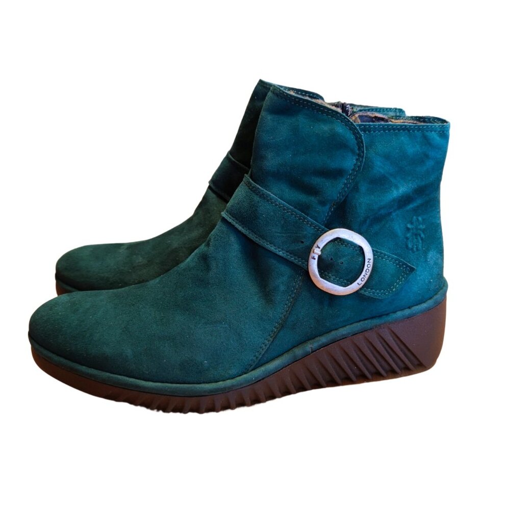 Fly London Women's Suede Wedge Boots Leli Silky Green Forrest Size 42 US 10.5